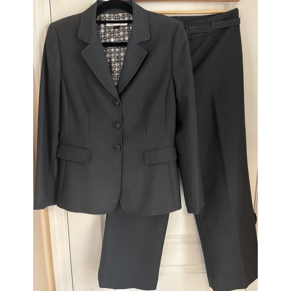 Tahari ASL 2 Piece Matching Pant Suit Womens Gray Blazer Sleeve Career Chic Sz 8